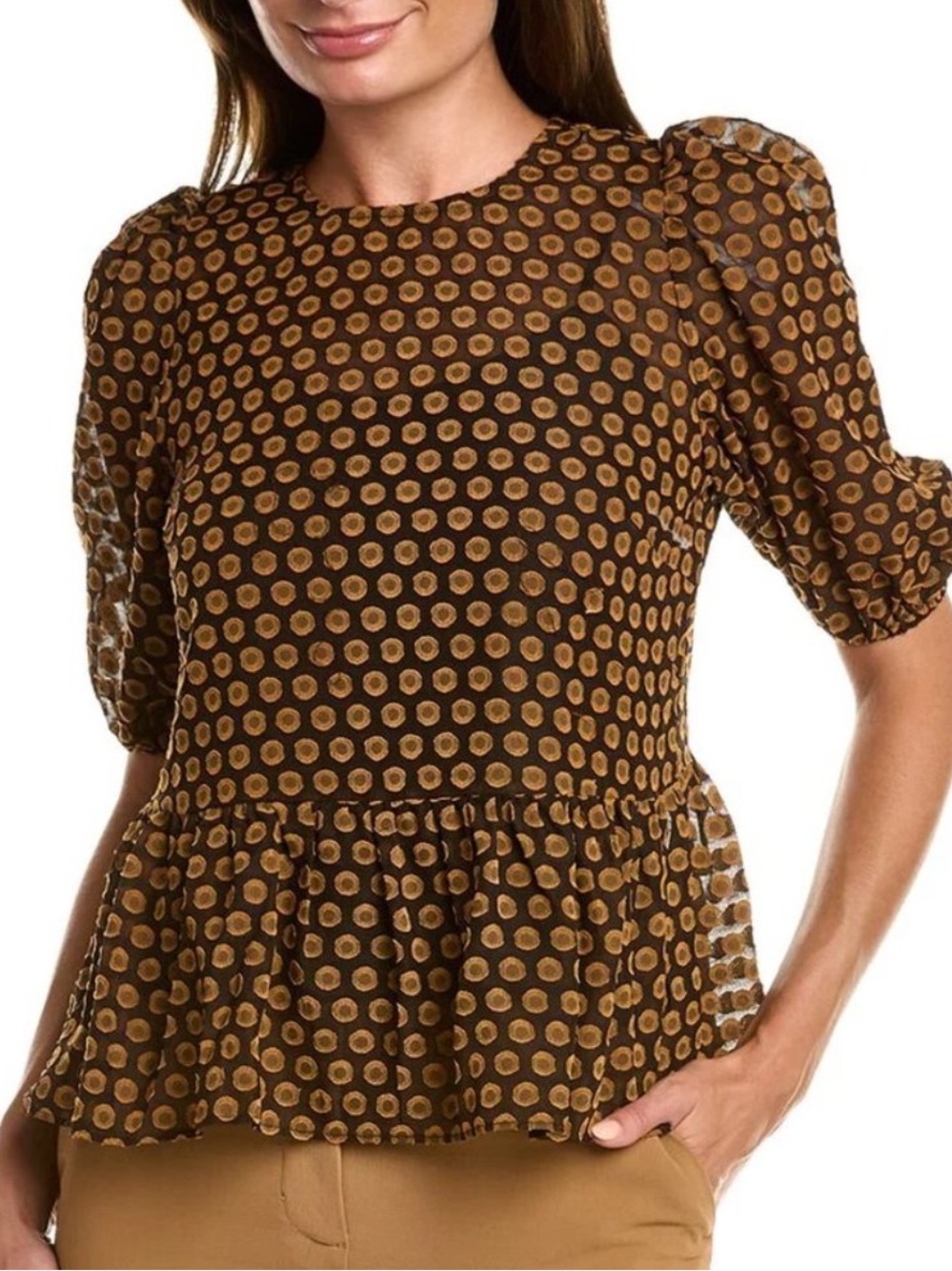 NWT Nanette Lepore Black & Yellow Polka Dot Peplum Medium Blouse